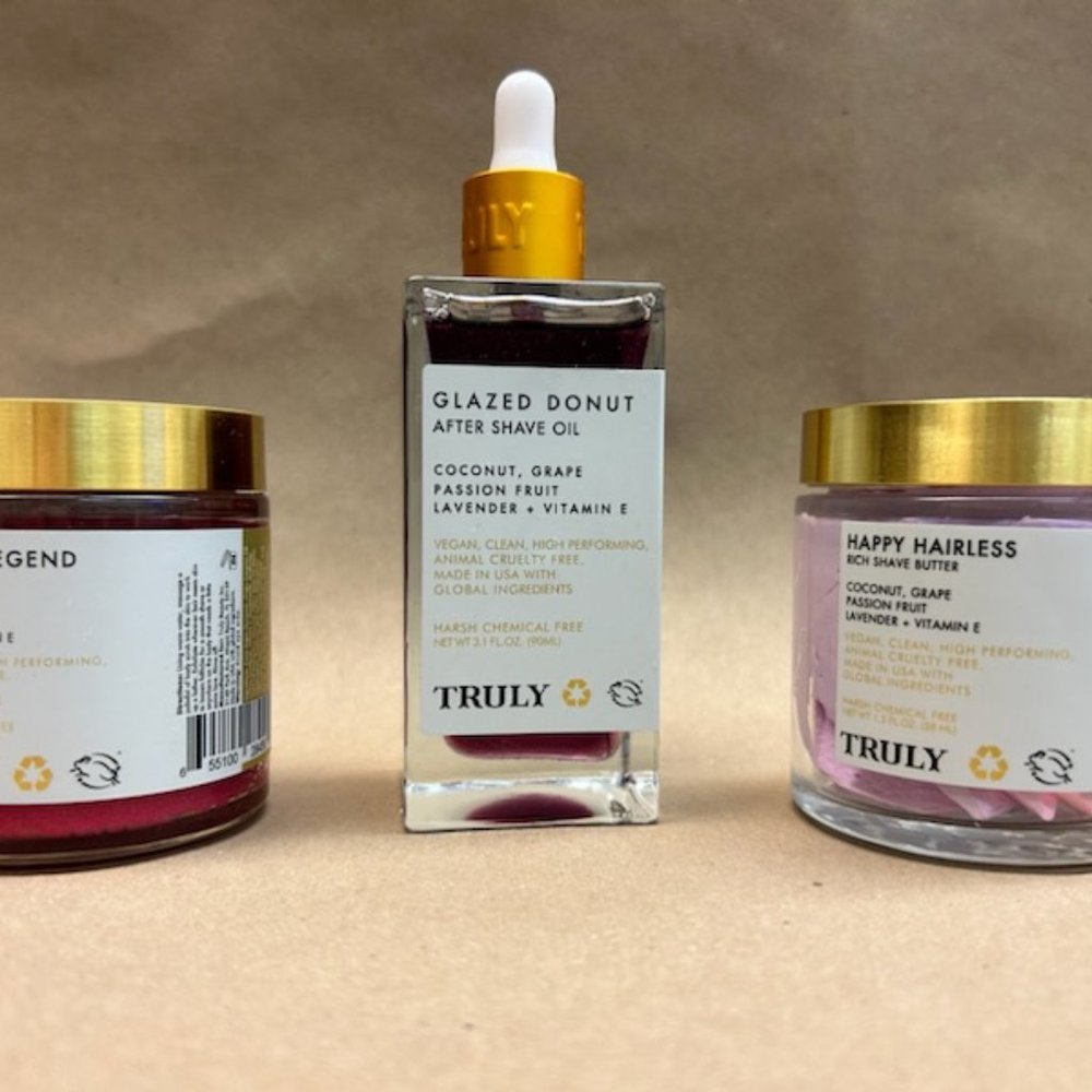 Truly Smooth Legend Pre-Shave Scrub, Glazed Donut After Shave Oil, and Shave But